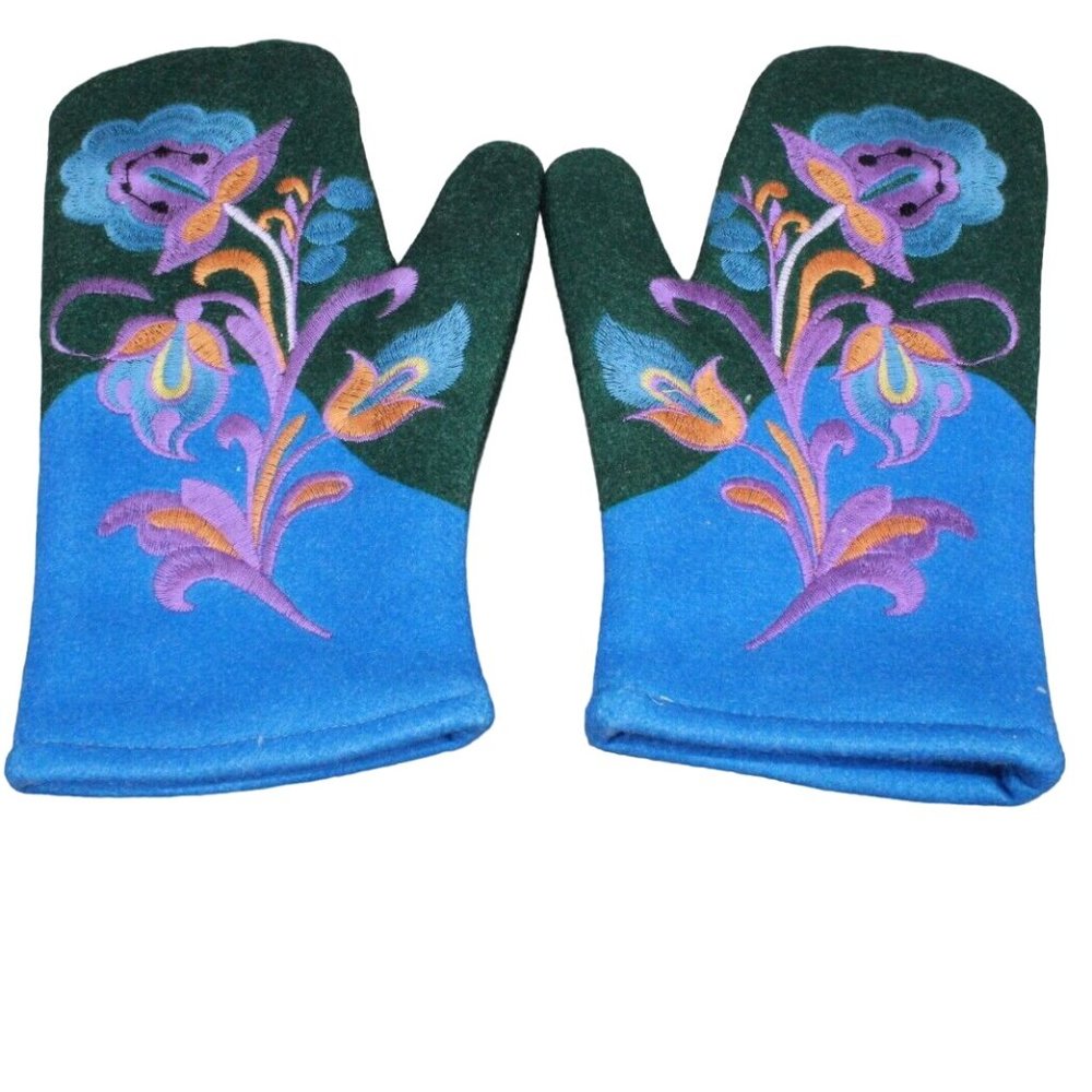 New! Blue Green Wool Floral Embroidered Faux Fur Lined Felt Mittens Size Large - Picture 3 of 10